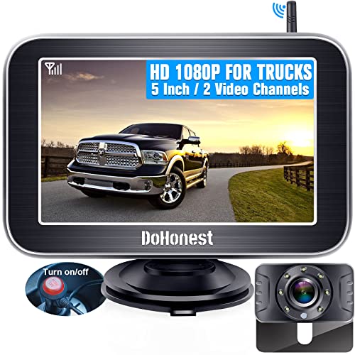 Wireless Backup Camera HD 1080P 5“ Split Screen Monitor System for Truck Car Camper Small RV Bluetooth Rear View Cam 2.4G Stable Digital Signal Two Channels Night Vision Waterproof DoHonest V25