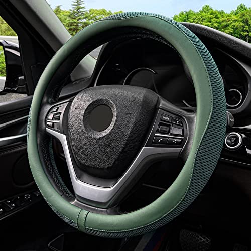 XCBYT Car Steering Wheel Cover - Fit 14.5-15 Inch Green Steering Wheel Cover with Breathable Heat Resistance Anti-Slip Grip Microfiber Leather Ice Mesh Steeringwheel Accessories for Man Women
