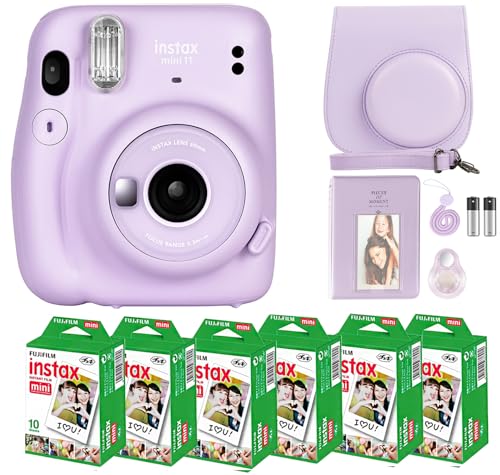 Fujifilm Instax Mini 11 Camera with Fujifilm Instant Mini Film (60 Sheets) Bundle with Deals Number One Accessories Including Carrying Case, Selfie Lens, Photo Album, Stickers (Lilac Purple)