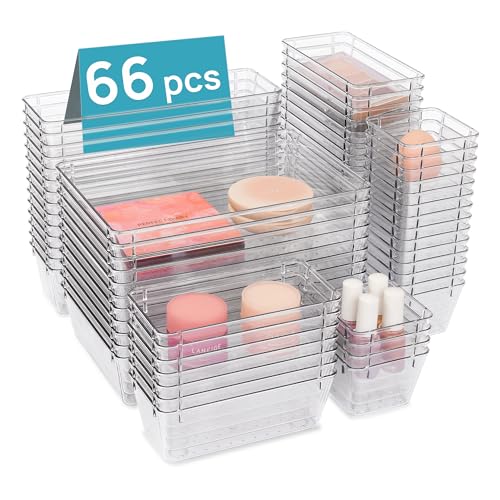 Vtopmart 66 PCS Clear Plastic Drawer Organizers Bins, 4-Size Versatile Bathroom and Vanity Organizer Trays, Non-Slip Storage Containers for Makeup, Jewelries, Bedroom，Kitchen Utensils and Office