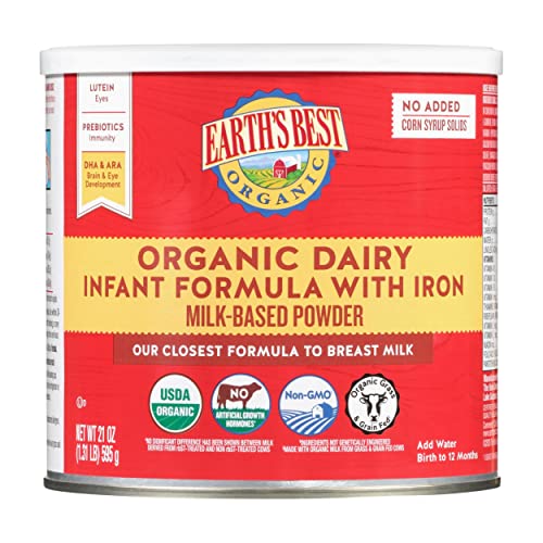 Earth's Best Organic Baby Formula for Babies 0-12 Months, Powdered Dairy Infant Formula with Iron, Omega-3 DHA, and Omega-6 ARA, 21 oz Formula Container