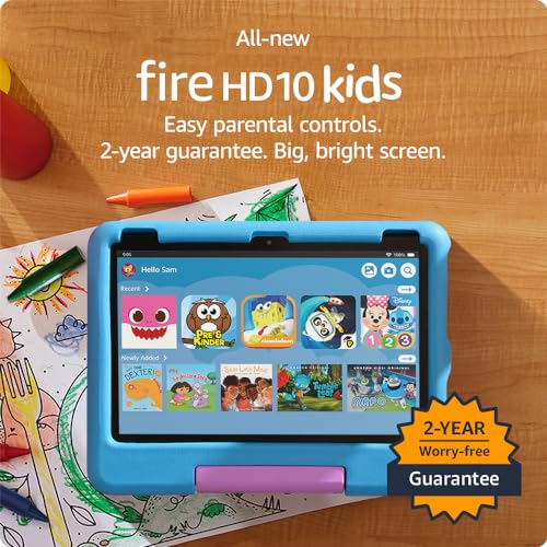All-new Amazon Fire 10 Kids tablet- 2023, ages 3-7 | Bright 10.1' HD screen with ad-free content and parental controls included, 13-hr battery, 32 GB, Blue