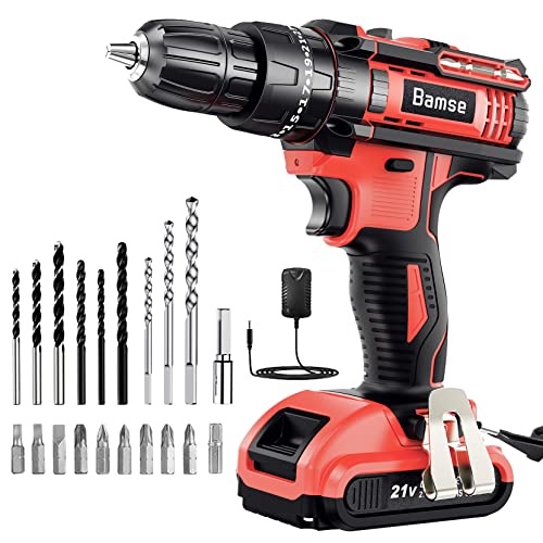 21V Cordless Drill Driver Set, Bamse Power Drill Kit with 2.0AH Battery, Hammer Drill with 372 In-lbs Max, 25+3 Position, 2 Variable Speed, 3/8'' Keyless Chuck, Fast Charger and 23PCS Accessories