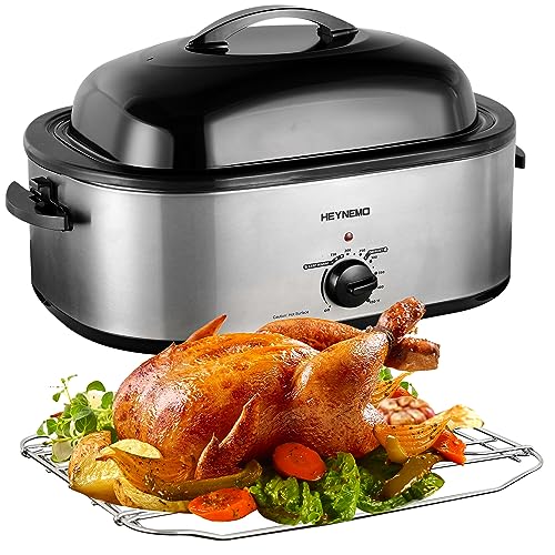20 Quart Roaster Oven with Self-Basting Lid, Large Turkey Roaster Oven with Defrost & Warm Function, Adjustable Temperature, Electric Roaster Oven With Removable Pan & Rack, Stainless Steel, Silver