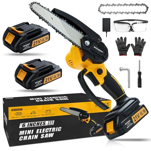 Mini Chainsaw, 6 Inch cordless mini chainsaw, Portable Electric Chainsaw, Handheld Mini Chainsaw, Light Weight with Safety Lock, With 2PCS Batteries