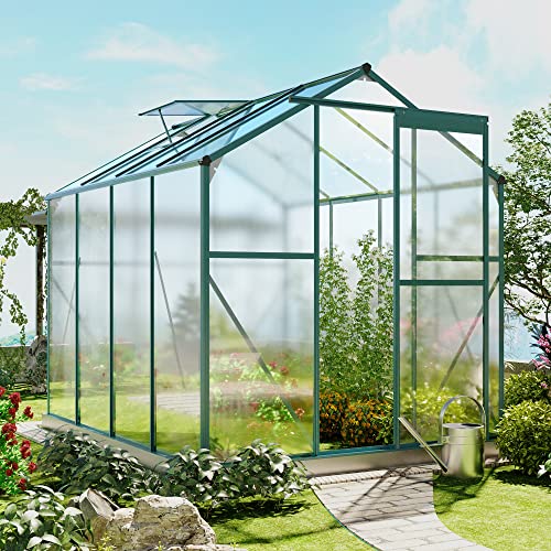 8 X 6 FT Walk-in Polycarbonate Greenhouse for Outdoor, Garden Green House Kit for Plants Seedlings, Flowers, Herbs, Vegetables with Adjustable Roof Vent