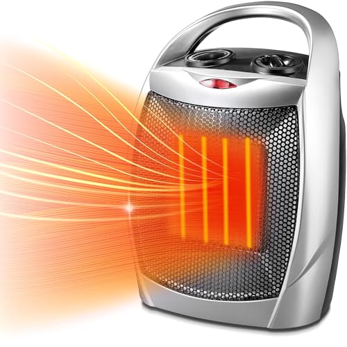 Kismile Small Electric Space Heater Ceramic Space Heater,Portable Heater Fan for Office with Adjustable Thermostat and Overheat Protection ETL Listed for Kitchen, 750W/1500W(Silver)