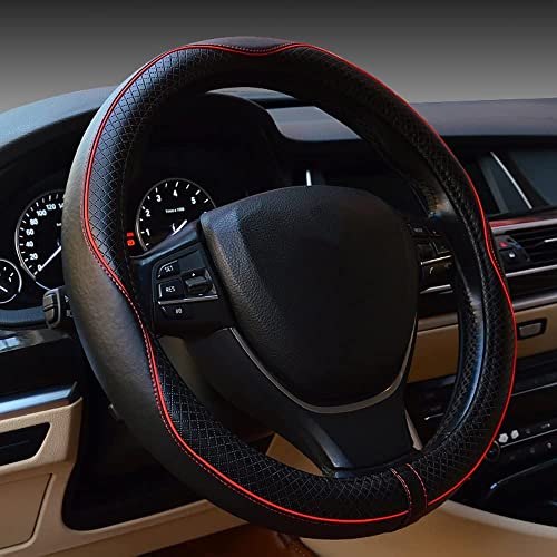 Car Steering Wheel Cover, Anti-Slip, Safety, Soft, Breathable, Heavy Duty, Thick, Full Surround, Sports Style (Black with Red line)
