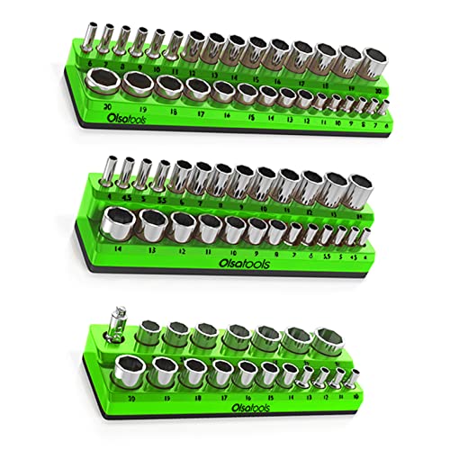 Olsa Tools Magnetic Socket Organizer | 3 Piece Socket Holder Kit | 1/2-inch, 3/8-inch, & 1/4-inch Drive | Metric Green | Holds 75 Sockets | Professional Quality Tools Organizer