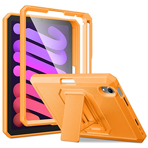 DTTO Shockproof Case for iPad Mini 6 2021, Dual Layer Full Body Tough Rugged Stand Cover Case, Built-in Screen Protector and Pencil Holder for iPad Mini 6 8.3 inch 2021 Release, New Orange