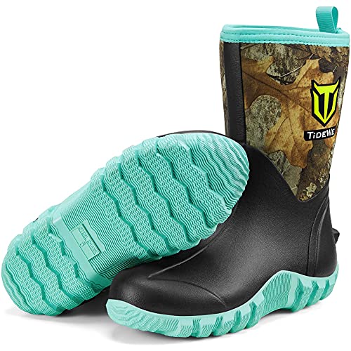 TIDEWE Rubber Boots for Women, 5.5mm Neoprene Insulated Rain Boots with Steel Shank, Waterproof Mid Calf Hunting Boots, Durable Rubber Work Boots for Farming Gardening Fishing (Realtree Edge Camo Size 8)