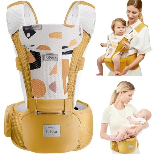 Bebamour Baby Carrier Front and Back Carry Baby to Toddler Baby Hip Carrier with Head Hood & 3 Pieces Teething Pads (Yellow)