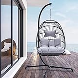 Indoor Outdoor Patio Wicker Hanging Chair Swing Hammock Egg Chairs UV Resistant Cushions 350lbs Capaticy for Patio Bedroom Balcony (Grey)