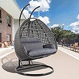 LeisureMod 2 Person Hanging Double Swing Chair, X-Large Wicker Rattan Egg Chair with Stand and Cushion for Indoor Outdoor Patio Garden (Charcoal Blue)