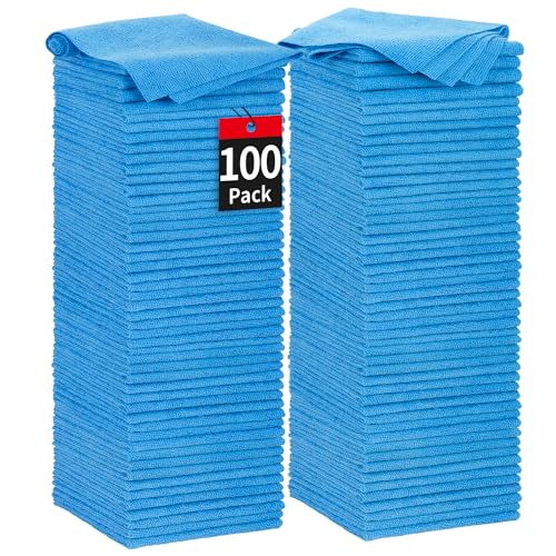 HOMERHYME Shop Towels, 100 Pack Microfiber Towels for Cars, Microfiber Cleaning Cloths, Bulk Multipurpose Lint-Free Cleaning Wipe Rag for Mechanic Automotive Garage Office, 11.5'*11.5' Blue