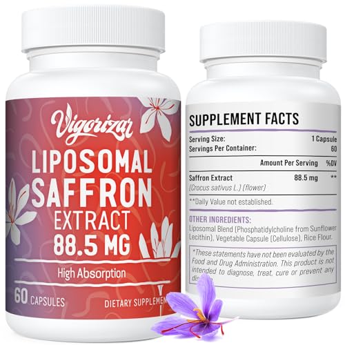 Liposomal Saffron Supplements - 100% Pure Saffron Extract 88.5 mg, Better Bioavailability - 60 Veggie Capsules, Made in USA
