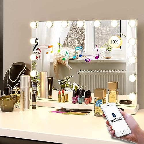 BENDIC 22.8'x 18.1' Vanity Mirror Makeup Mirror with Lights,10X Magnification,Large Hollywood Bluetooth Lighted Vanity Mirror with 15 LED Bulbs & Speaker,3 Color Modes,Touch Control for Wall-Mounted