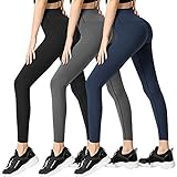 3 Pack Leggings for Women Non See Through-Workout High Waisted Tummy Comtrol Black Lightweight Yoga Pants with Pockets Cross for Gym Hiking Running Dance (Black, Dark Grey, Navy Blue, Small-Medium)