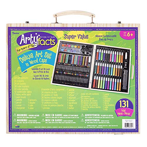 Darice (1103-10) 131-Piece Premium Art Set – Art Supplies for Drawing, Painting and More in a Wood Case - Makes a Great Gift for Children and Adults