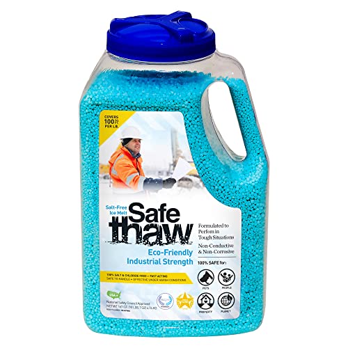 Safe Thaw Industrial Strength 100% Salt Chloride-Free, Pet Paw-Safe Snow & Ice Melter and Traction Agent. Use on Concrete, Asphalt, Roofs & On Any Surface, 10 Pound Jug