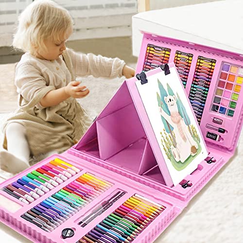DLUCKY 208 PCS Art Supplies, Drawing Art Kit for Kids Adults Art Set with Double Sided Trifold Easel, Oil Pastels, Crayons, Colored Pencils, Watercolor Pens Gift for Girls Boys Artist,Pink