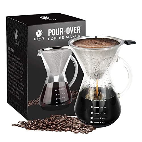 Bean Envy Pour Over Coffee Maker - 5 Cup Borosilicate Glass Carafe - Rust Resistant Stainless Steel Paperless Filter/Dripper - Includes Custom Silicone Sleeve