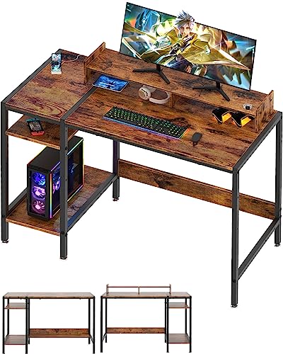 MINOSYS Computer Desk - 39” Gaming Desk, Home Office Desk with Storage, Small Desk with Monitor Stand, Rustic Writing Desk for 2 Monitors, Adjustable Storage Space, Modern Design Corner Table.