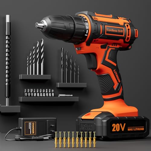 20V Cordless Drill Set, Electric Power Drill with Battery 2.0Ah and Charger, Home Drill 3/8-Inch Keyless Chuck, 2 Variable Speed, 25+1 Position, 42pcs Drill Driver Bits/Screws for DIY