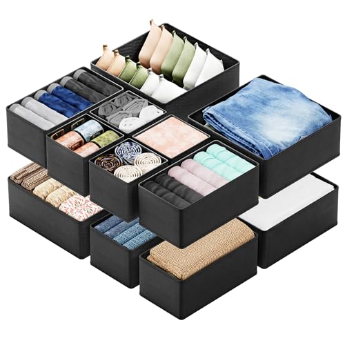 SpaceAid Drawer Organizer for Clothes, 12 Pack Dresser Drawer Organizer Bins, Closet Organizers and Storage Dividers for Clothing, Underwears, Socks (Black)
