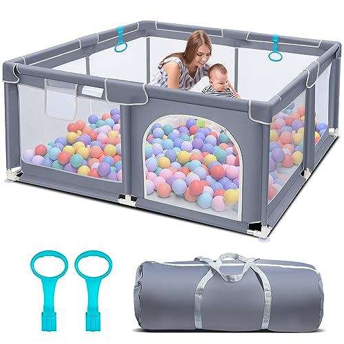 Suposeu Baby Playpen for Toddler, 50”×50” Large Baby Playard, Indoor & Outdoor Kids Activity Center, Sturdy Safety Play Yard with Soft Breathable Mesh (Grey)