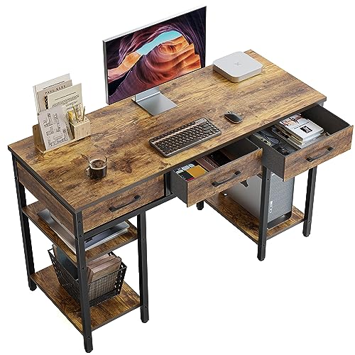 CubiCubi 47 Inch Computer Desk with Fabric Drawers and Storage Shelfs, Small Office Home Desk, Study Writing Table, Modern Simple Desk, Rustic Brown