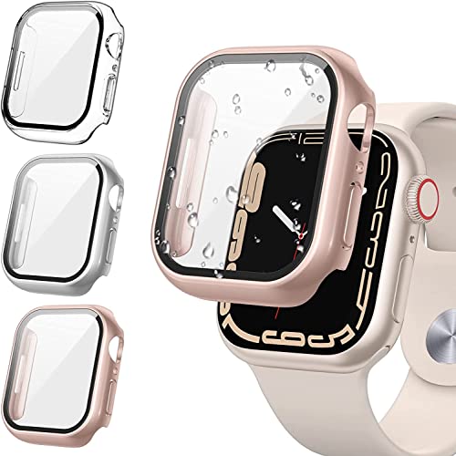 Tensea [3Pack] for Apple Watch Screen Protector Case Series 9 8 7 41mm, iWatch Protective Face Cover, Tempered Glass Film Hard PC Bumper for Women Men, Ultra-Thin Guard (41 mm, Clear/Silver/Rose Gold)