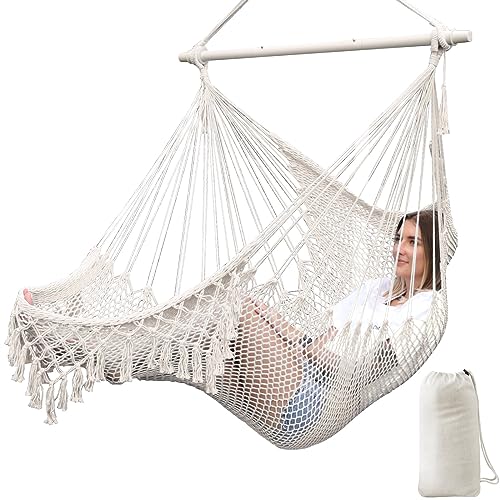 Chihee Hammock Chair Super Large Hanging Chair Soft-Spun Cotton Rope Weaving Chair, Collapsible Strong Metal Spreader Bar Wide Seat Lace Stretch Swing Chair Indoor Outdoor Garden Yard Theme Decoration