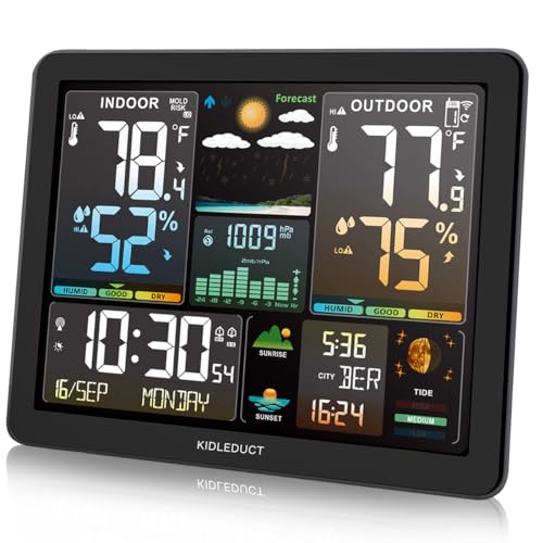 KIDLEDUCT Weather Station Wireless Indoor Outdoor Thermometer, 8.5' Large Color Atomic Clock with Sunrise Sunset Time, 5 Levels of Backlight, Weather Forecast/Barometer Run Chart, Moon Phase, Tide