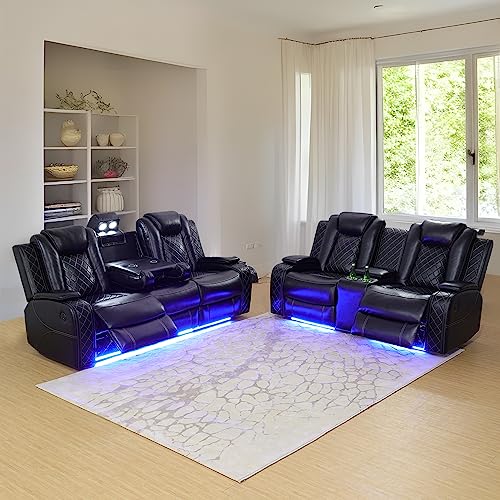 Ocstta Power Leather Recliner Sofa Sets with LED Lights,Living Room Furniture Sofa Set, Reclining Sofa Set with USB Port/Storage Console/Cup Holders(Recliner Sofa 2piece) Black