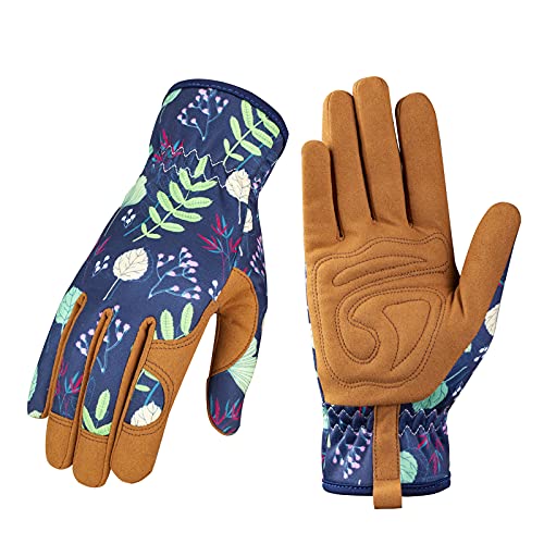 Leather Gardening Gloves for Women - Working Gloves for Weeding, Digging, Planting, Raking and Pruning (B-Blue) Medium