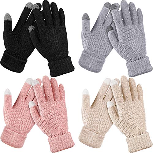 4 Pairs Women's Winter Touch Screen Gloves Warm Fleece Lined Knit Gloves Elastic Cuff Winter Texting Gloves (Black, Gray, Pink, Beige)