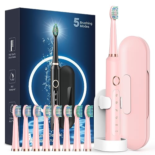 Sonic Rechargeable Electric Toothbrushes for Adults with 8 Brush Heads & Travel Case,Teeth Whitening , Power Toothbrush with Holder, 3 Hours Charge for 120 Days - Pink