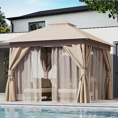 LAUSAINT HOME Outdoor Patio Gazebo 10'x10' with Expansion Bolts, Heavy Duty Party Tent & Shelter with Double Roofs, Mosquito Nettings and Privacy Screens for Backyard, Garden, Lawn, Champagne Khaki