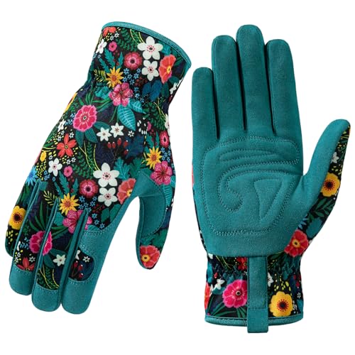 Trifabricy Garden Gloves for Women - Breathable leather Floral Gardening Gloves with Grip, Thorn-Proof Puncture-Resistant Work Gloves for Weeding, Digging, Planting, Raking and Pruning, Green Flower