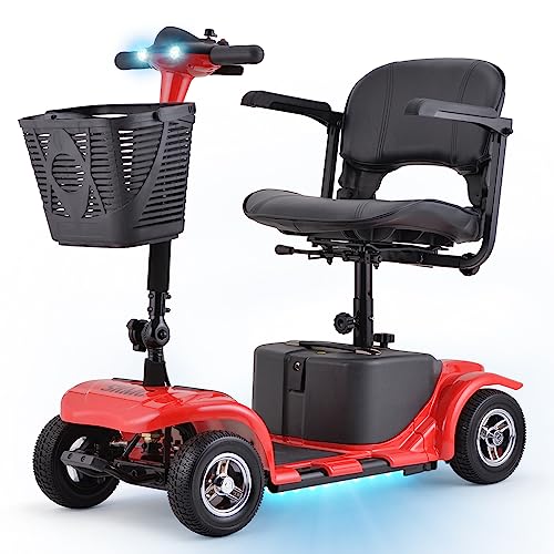 Mobility Scooter for Adults, Senior, Skmc 4 Wheels Electric Powered Chargeable Device for Travel, Lightweight and Portable, with LED Headlights and Basket, Charger Included, Red/Blue (Red)