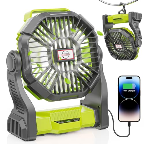 DOWILLDO 10400mAh Battery Operated Fan, Camping Fan Rechargeable with LED Light & Hooks, Portable Tent Fan Outdoor for Picnic, Barbecue, Fishing, Travel (Green)