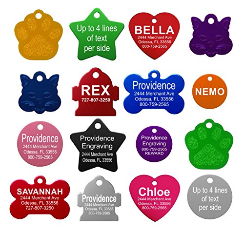 Providence Engraving Pet ID Tags - Small or Large Personalized Anodized Aluminum Pet ID Tags in Bone, Round, Star, Heart, Hydrant, Paw and Cat Face Shapes and 9 Colors for Dog Tags and Cat Tags