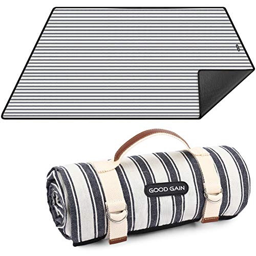 G GOOD GAIN Waterproof Picnic Blanket Portable with Carry Strap for Beach Mat or Family Outdoor Camping Party (Double Stripe)