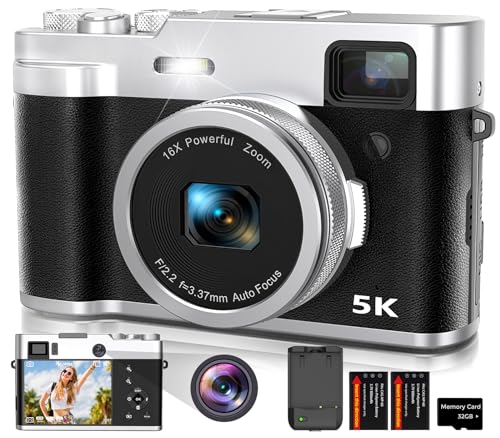 5K Digital Camera for Photography with Front and Rear Lens, Autofocus Vlogging Camera for YouTube with Viewfinder, 16X Digital Zoom, Anti-Shake Point Shoot Compact Camera with 32GB Card