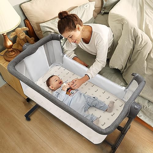Li’l Pengyu Baby Bassinet Bedside Sleeper - Adjustable Crib All Mesh Co-Sleeper for Newborn Girl and Boy Infant Bed with Wheels (Gray)