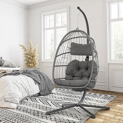 Brafab Swing Egg Chair, Hammock, Hanging Chair, Aluminum Frame and UV Resistant Cushion with Steel Stand, Indoor Outdoor Patio Porch Lounge Bedroom Hand Made Wicker Rattan, 350LBS Capacity