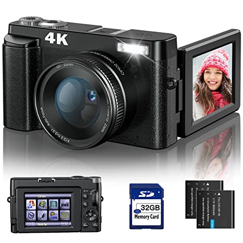 4K Digital Camera for Photography and Video Autofocus Anti-Shake, 48MP Vlogging Camera with SD Card, 3'' 180° Flip Screen Compact Camera with Flash, 16X Digital Zoom Travel Camera (2 Batteries)