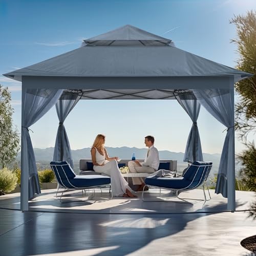 yoyomax 13X13 Outdoor Pop Up Gazebo with Netting, Portable Gazebo Waterproof Patio Canopy Shelter with Double Roof Tops and 169 Square Feet of Shade for Beach Parties, Camping and Picnics - Gray