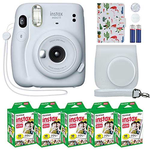 Fujifilm Instax Mini 11 Instant Camera Ice White + MiniMate Accessory Bundle & Compatible Custom Case + Fuji Instax Film Value Pack (50 Sheets) Flamingo Designer Photo Album